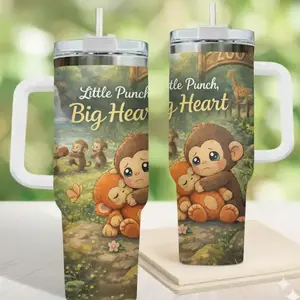 Little Punch Big Heart Tumbler 40oz, Cute Monkey Stainless Steel Travel Mug with Handle, Inspirational Gift Cup for Mom Dad Kids