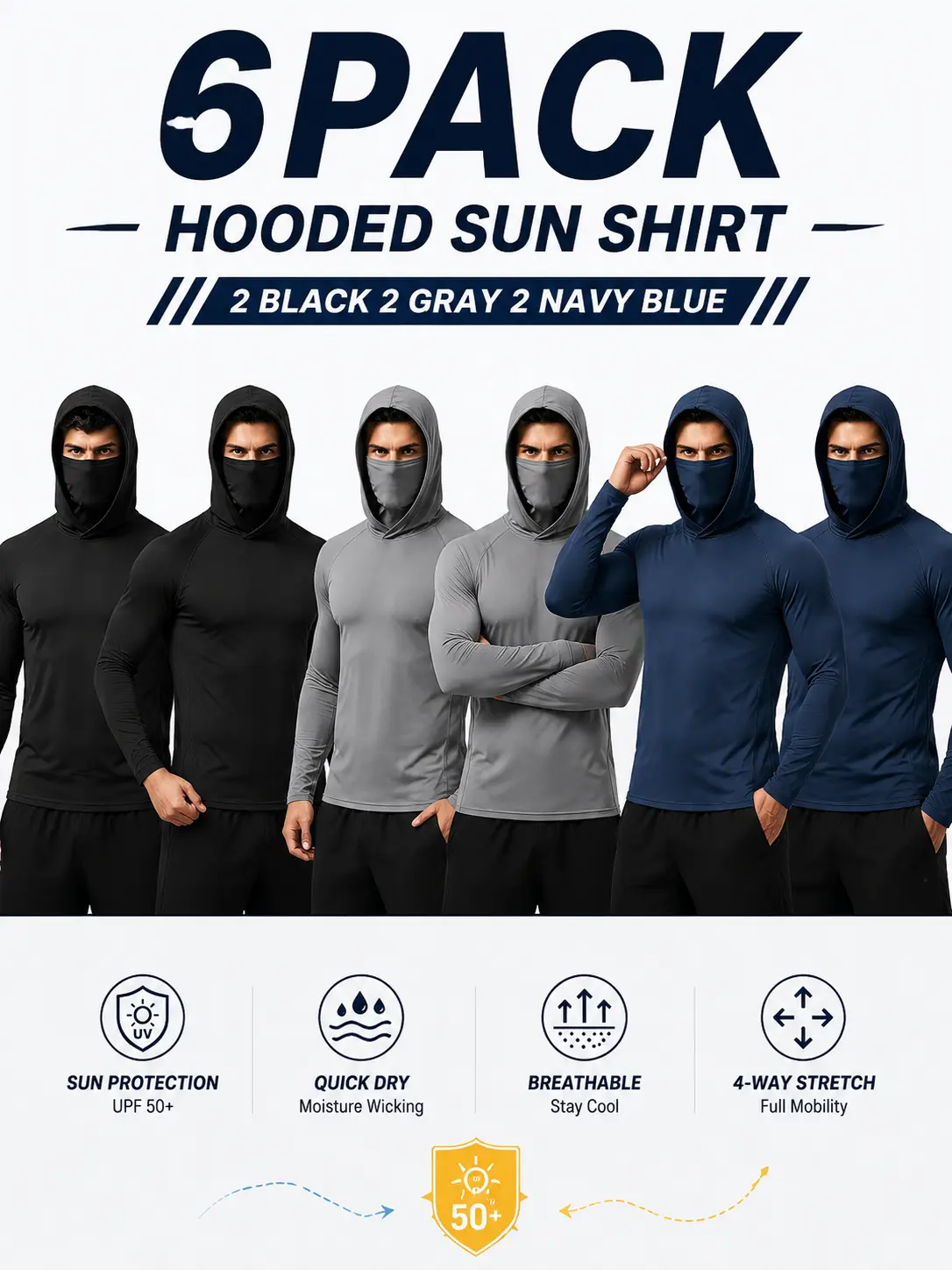 3/6 Pack Men's UPF 50+ Hooded Sun Shirts with Face Mask, Quick Dry Long Sleeve Compression Tops, Lightweight Breathable Stretch Outdoor Sports Wear for Fishing, Hiking, Running, Cycling & Work | Camisas Hombre Protección Solar UV