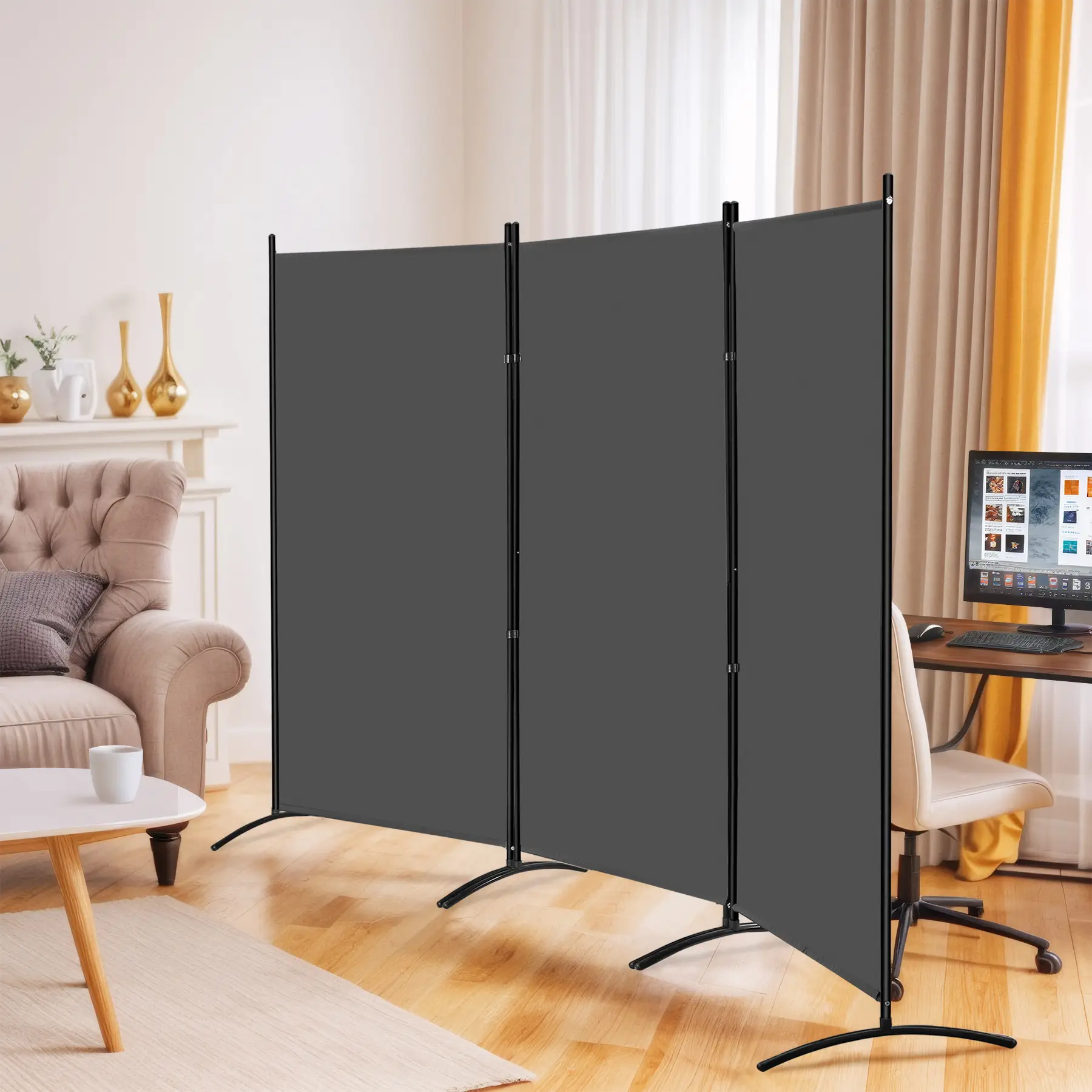 ZENSTYLE 6FT 3 Panels Room Divider Foldable Partition Privacy Screens Water-Resistant for Home Office Studio, Gray