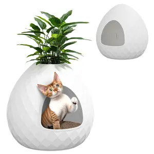 Egg-Shaped Hidden Cat Litter Box Enclosure with Planter Top, 2-in-1 Litter Box & Cat House, Easy Assembly, White