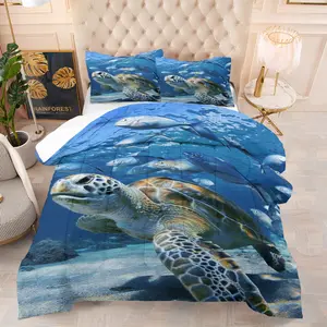 Blue Turtle Pattern Bedding Set, Includes Quilt and Pillowcases, Soft Comfortable Non-Pressing, Bedroom Decor for Kids & Adults