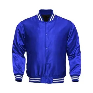 Deckra Men's Handmade Striped Satin Varsity Jacket - Blue, Longsleeves Stylish Polyester Design, Casual Menswear with Pocket, Buttons, Men's Tops & Coats