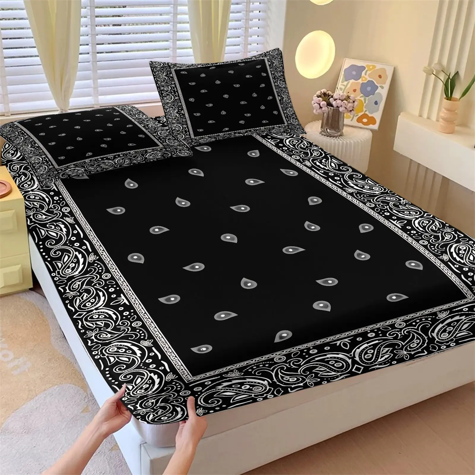 3Pcs Classic Black White Paisley Sheets Bandana Fitted Sheet Set No Fillers, Vintage Western Bed Sheet Set, Retro Street Bedding Set with Pillowcases, Deep Pocket Soft Fabric for Men Women Teens Bedroom Dorm Apartment Decor