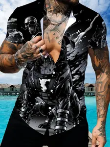 Cool Mechanical Style Black Dog Pattern Short Sleeve Shirt, 3D Printed Trendy Men's Top