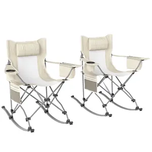 Outsunny 2-Pack Folding Rocking Camping Chairs for Adults - Folding Lawn Chair with Headrest, Cooler Bag, Cup Holder, Carry Bag for Picnic, Outdoor Travel