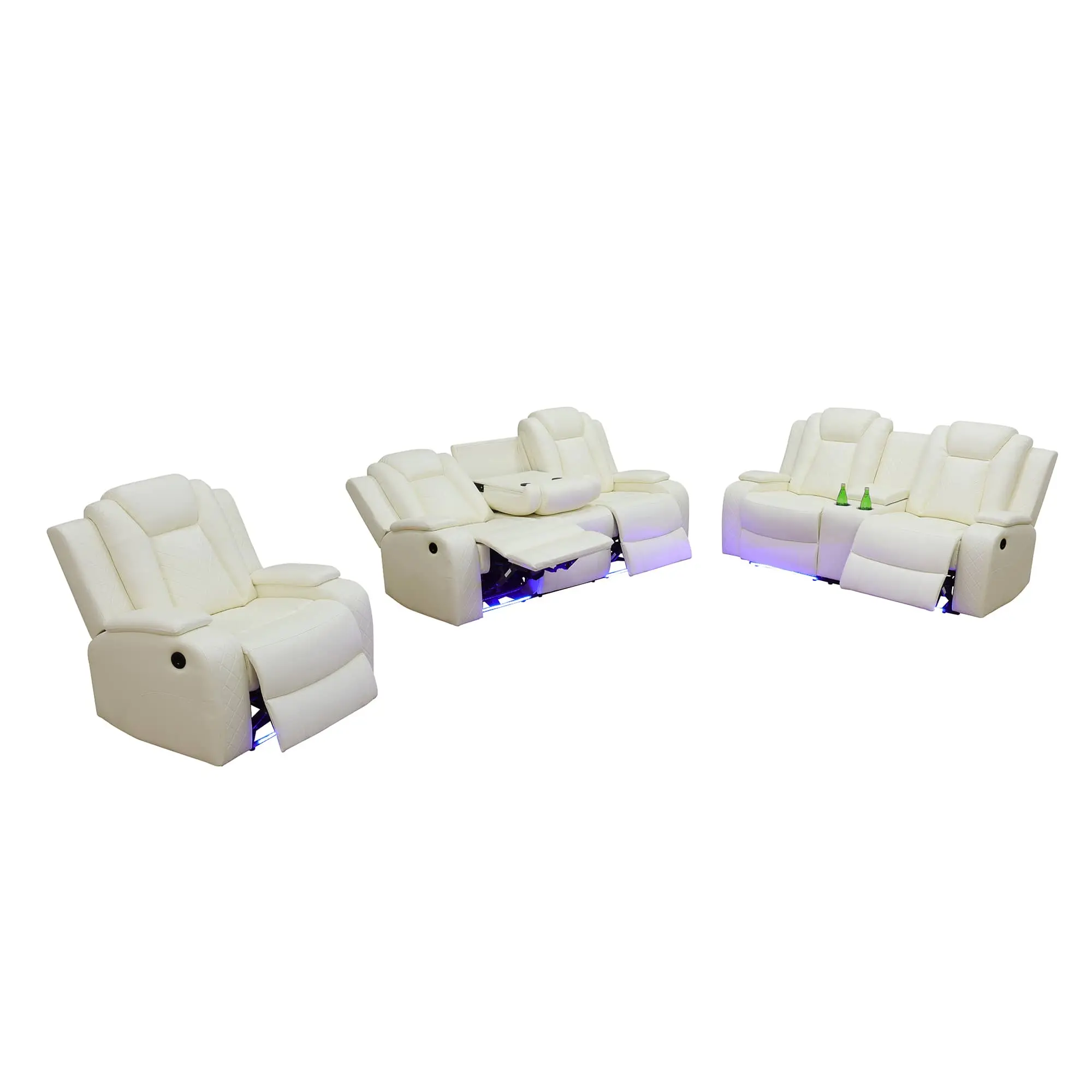 White Breathing Leather 3-Piece Living Room Recliner Sofa Set with Adjustable Headrests, Ambient LED Lighting, Cup Holders, USB & Type-C Charging Ports, Armrest Storage