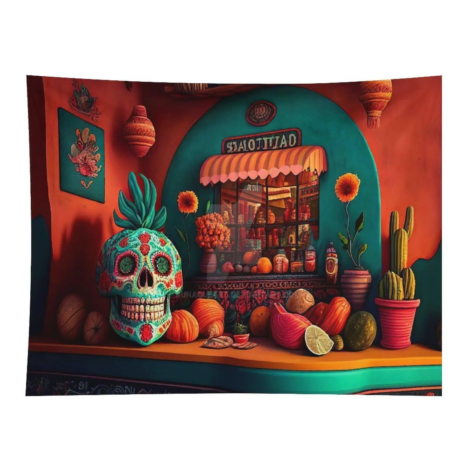 Vibrant Mexican Day of The Dead Wall Tapestry Sugar Skull With Cactus Fruit Floral Art for Bohemian Style Bedroom Dorm Living Room Home Wall Hanging Decor