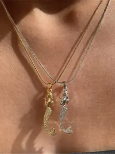 Cute Sweet Mermaid Pendant Necklace, Elegant Vintage Ocean Style Jewelry Gift for Women, Zirconia Punk Birthday Present