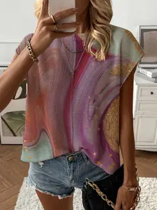 Summer Round Neck Short Sleeve Knit Top, Artistic Gradient Print, Casual Elegant Commuter Style, Women's Bikini Cover-Up