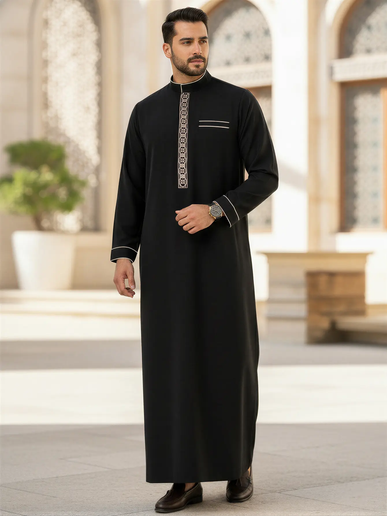 Men’s Muslim Thobe, Modest Long Sleeve Traditional Arab Robe  With Embroidered | Elegant Islamic Wear for Eid & Daily Use Clothing Clothes