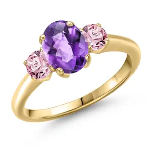 Gem Stone King Gemstone Birthstone and Pink Lab Grown Diamond 3-Stone Engagement Ring for Women | 18K Yellow Gold Plated Silver | Oval 8X6MM and Round 4MM | Three Stone Wedding Anniversary Promise Ring