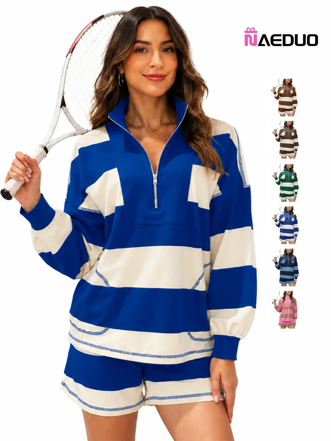 Naeduo Women's Striped 2 Piece Lounge Sets 1/4 Zip Half Zipper Lapel Long Sleeve Top Matching Shorts Oversized Casual Workout Outfits for Spring Summer