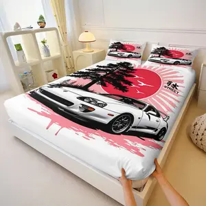 Japanese Street Style Jdm Car Fitted Sheet Set, Supra Sports Car Print Bedding, Soft Breathable Microfiber, Perfect Gift for Car Enthusiasts