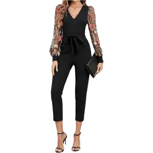 Women's Floral Embroidery Jumpsuit Mesh V Neck Bishop Sleeve High Waist Crop Belted Romper Pants
