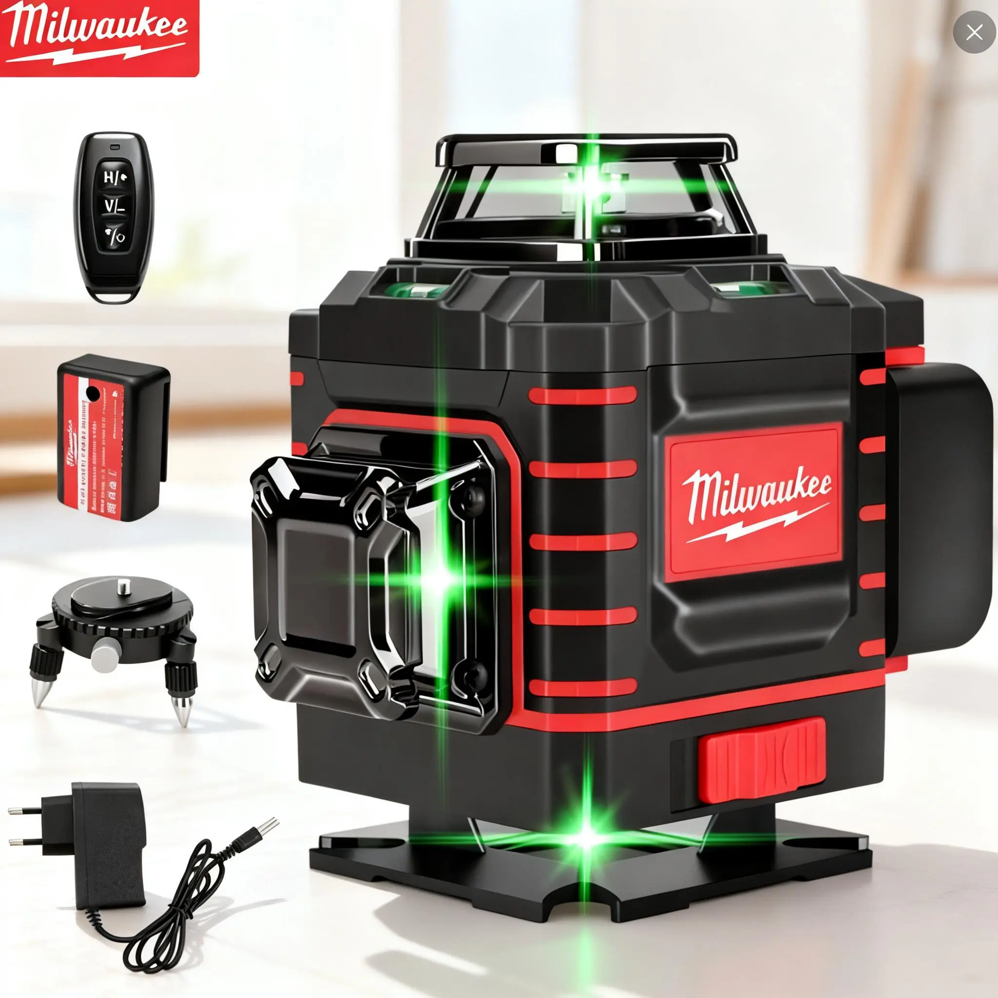 Milwaukee 3-4D 360-degree 16-line laser level with 4000mAh (or 5000mAh)battery, US-standard charger, remote control, base, professional measuring tool for various renovation DIY projects