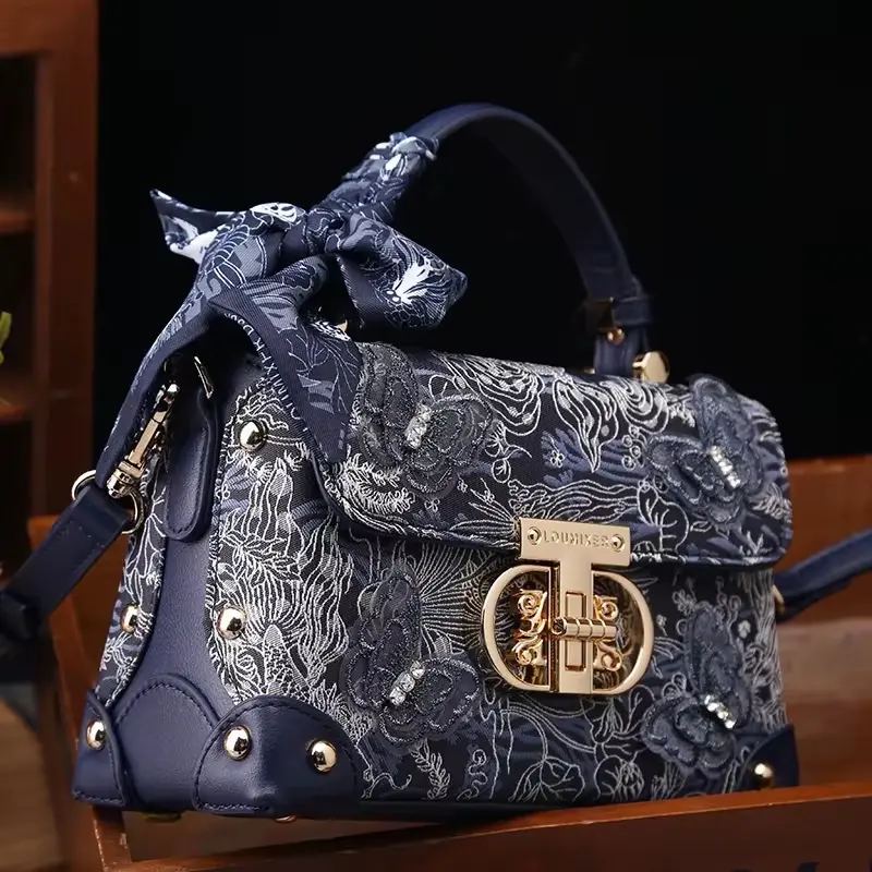 Elegant Floral Embroidered Handbag with Scarf – Gray Luxury Shoulder Bag