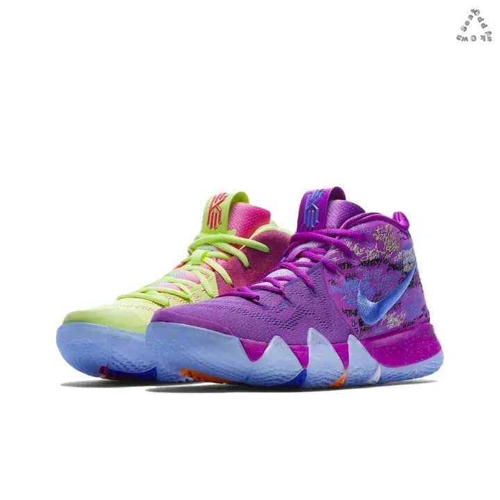 Mid-top Basketball Sneakers | Mismatched Color Block Breathable Fabric Upper with Graffiti Print Detailing | Two-tone Purple and Transparent Pale Blue Multi-directional Traction Outsole for Basketball Training & Matches