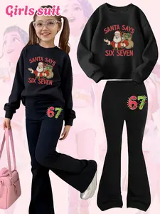 Girls' Fun Christmas Santa Say 67 3D Cartoon Print Casual Comfortable Loose Round Neck Sweatshirt + Bell Bottoms Set Clothes Kids