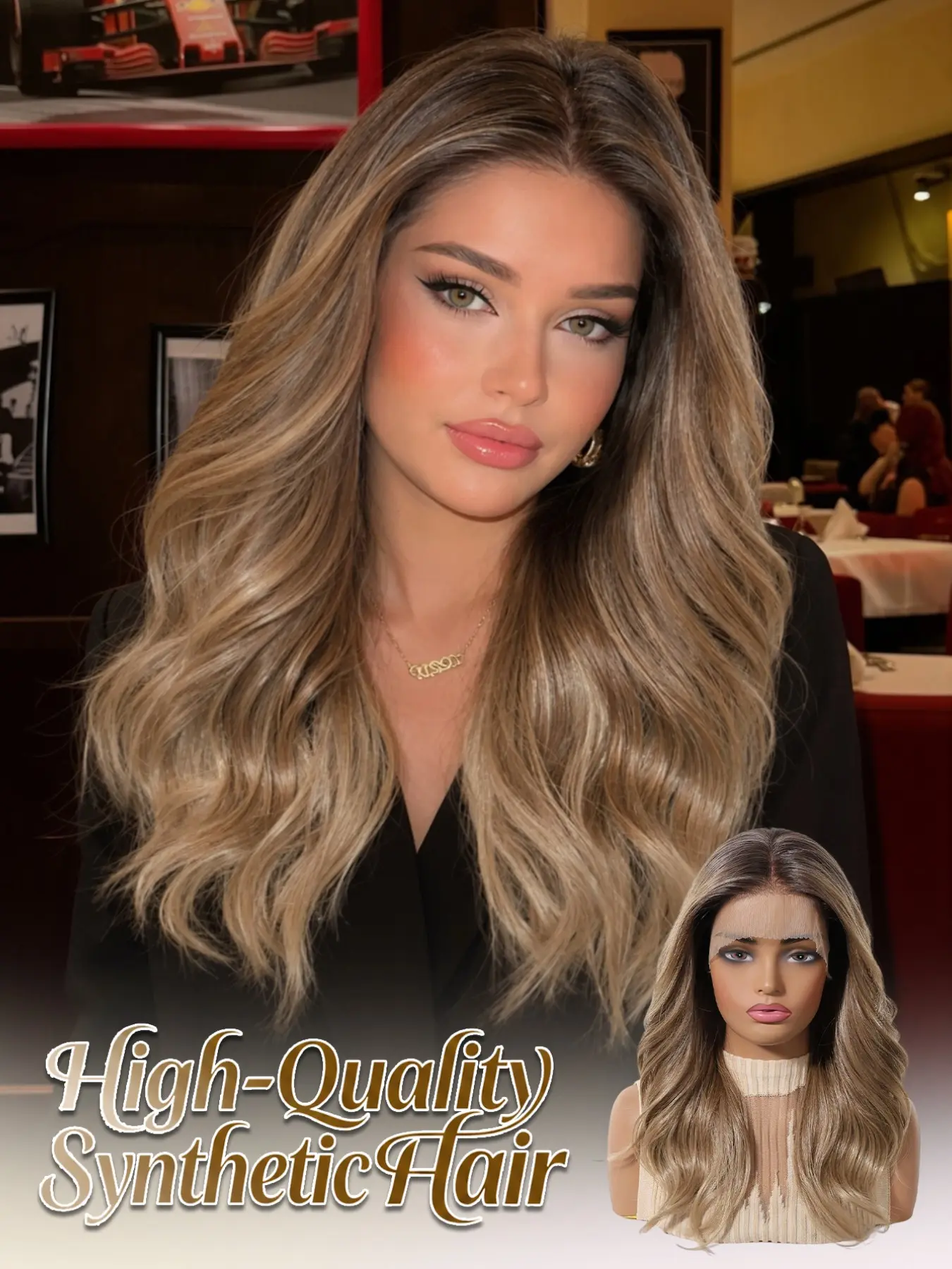 Topshe French Caramel Balayage Wavy Wig, 18 Inches No Glue, Heat Resistant, Perfect for Parties, Dates, Holidays, Easy Styling