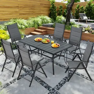 7 Pieces Portable Folding Patio Dining Set, Outdoor Furniture with 6 Stackable Textilene Chairs and Large Table, Patio Furniture Set, Patio Table and Chairs Set for Yard, Garden, Porch, Grey