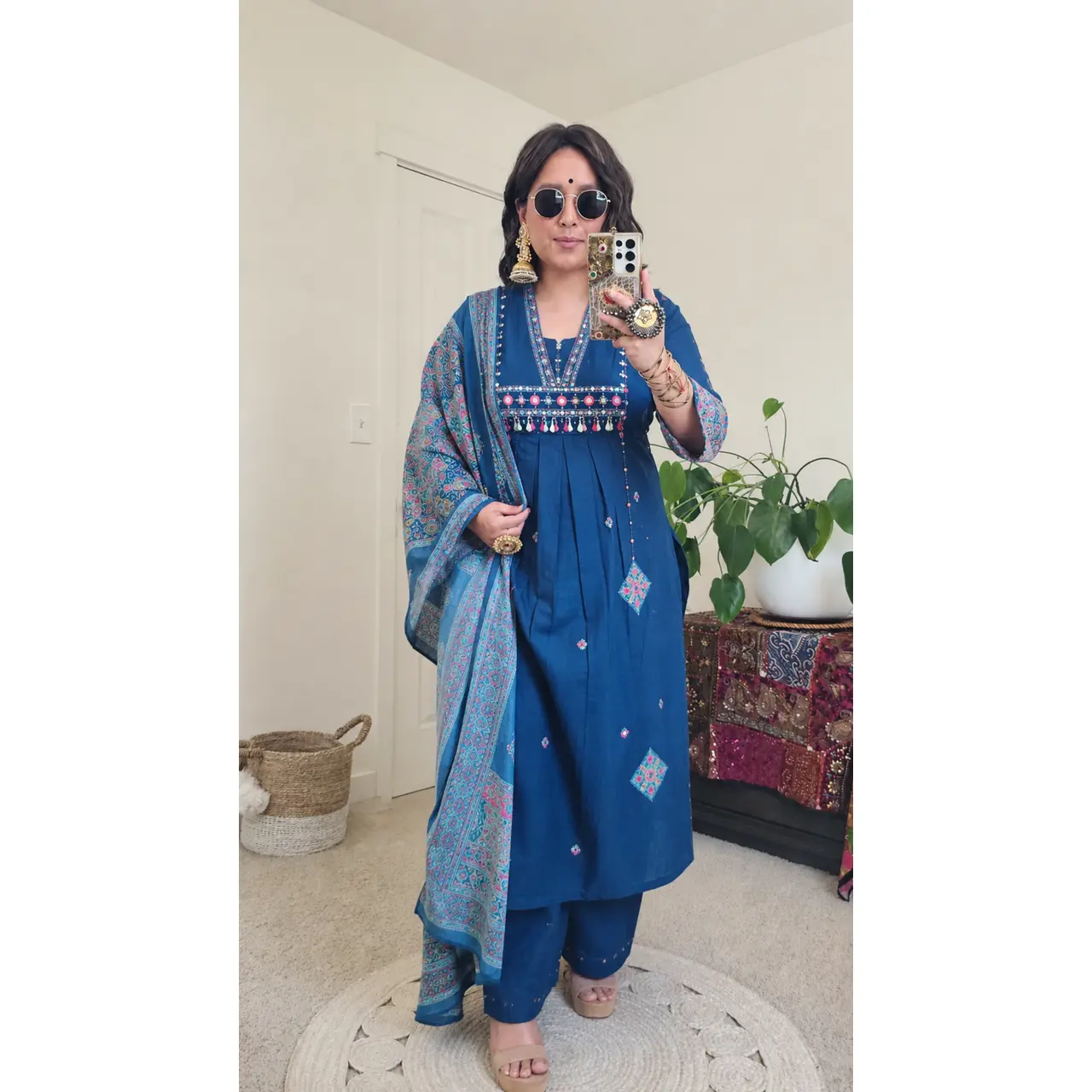 Women's 3-Piece Kurta Set in Soft Cotton, Traditional A-line Fit with Matching Pants and Printed Dupatta for Everyday Wear, Lady, Breathable, Leela, Set Includes, 45"-46" Kurta Length, Casual