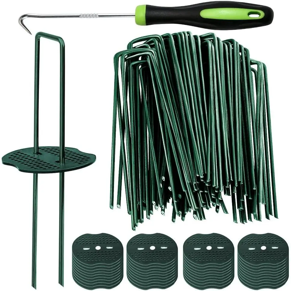 50 count Green Artificial Turf Stakes Staples + 50 count Buffer Washer, 6 Inch 11 Gauge Landscape Staples, Galvanized Lawn Spikes, Heavy Duty Yard Ground Pin for Grass Weed Barrier Sod Fabric