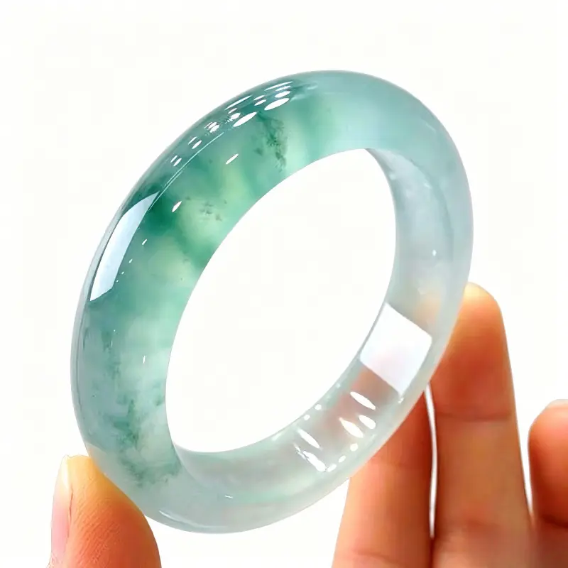 Gift for Mom: Natural Jade with Certificate! Natural Icy Jadeite with Blue Flower Pattern, Teenage Style, Myanmar
