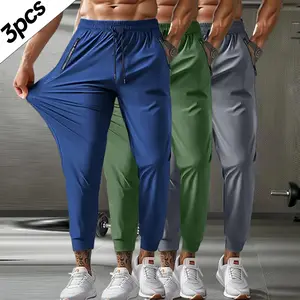 3PCS-Men's Sports Pants, Elastic Waist with Drawstring, Zipper Pockets, Comfortable and Breathable, High Elasticity Fabric, Suitable for Outdoor Running, Gym, Casual Pants, Nine-Point Pants Athleisure Style jogger
