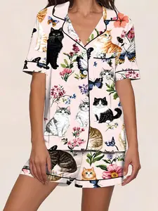 Dopamine Sweet Girl Spring Summer Sleepwear Set, Open Front Lapel Short Sleeve Shorts, Watercolor Cat Butterfly Floral Print