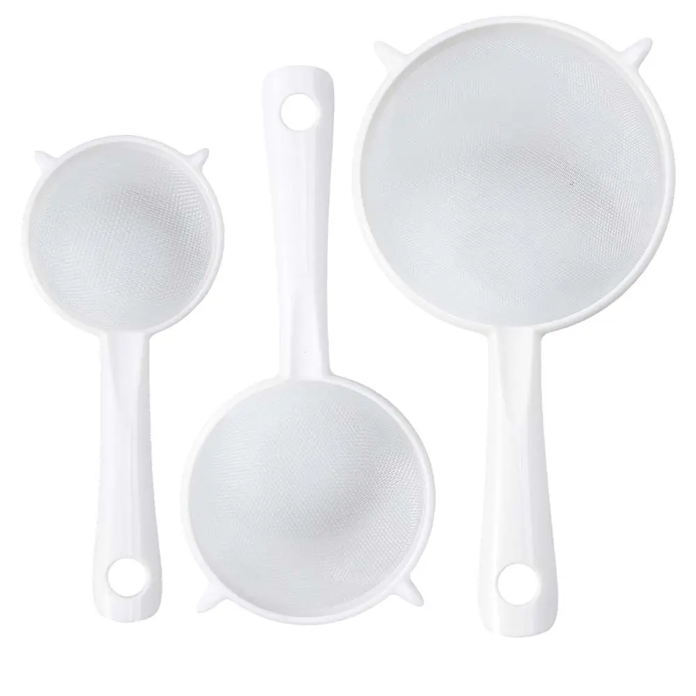 3 Packs Plastic Nylon Mesh Strainer Colander with Handle Double Ear Fine Food Mesh Strainer Flour Sifter for Baking Kitchen Colander Sifter Kefir Tea Juice Pasta(3 Inch, 5 Inch, 7 Inch)