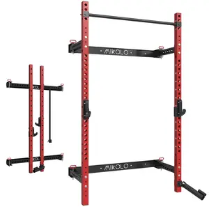 MIKOLO 2.36" x 2.36" Folding Wall-Mounted Squat Rack with 1000LBS Capacity Pull-Up Bar J-Hooks & Landmine Attachments for Home Gym Kit Workout Machine