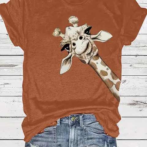 Women's Giraffe Print Animal Print Round Neck Tee, Fashion Casual Crew Neck T-Shirt for Daily Holiday Vacation Outdoor Wear, Ladies Clothes for Summer, Womenswear, Top