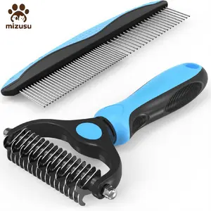 Mizusu Pet Grooming Combo - Blue Deshedding Brush with Metal Comb for Detangling and Dematting Long, Matted Fur on Cats and Dogs