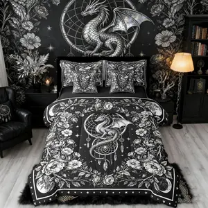 Gothic Comforter Set,7-Piece Bed in a Bag | Dreamcatcher Dragon Bedding Set,Antique Animals Dream Catchers Comforter and Sheet Set,Galaxy Vintage Floral Room Decor Black Goth Decor