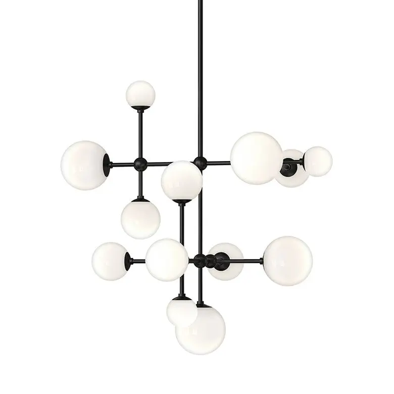 Sabon Chandelier With Luminous Etched Glass Globes and Geometric Sculptural Design