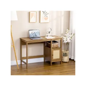 Space-Saving Small Computer Desk with Storage Shelf & Rattan Cabinet, Writing Desk Home Office Desk Workstation Table, Light Walnu