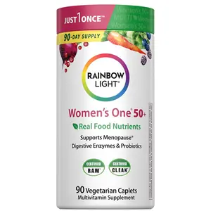 RAINBOW LIGHT Women's 1+ 50 Plus Multivitamin Tablets, 90 Organic Caplets - Supports Menopause, Real Food Nutrients, Digestive Enzymes & Probiotics, Tablet