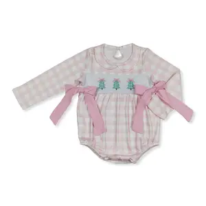 Christmas pink plaid tree Print Long Sleeve Girls OnePieces