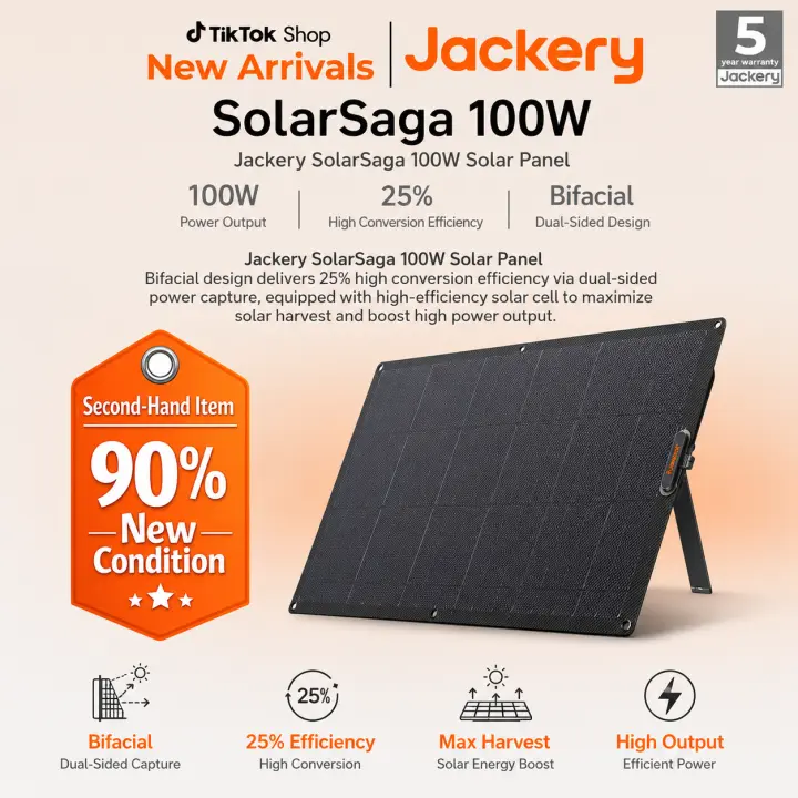 [Second-hand item in 90% new condition] Jackery SolarSaga 100W Solar Panel – Bifacial design delivers 25% high conversion efficiency via dual-sided power capture equipped with high-efficiency solar cell to maximize solar harvest and boost high power outpu