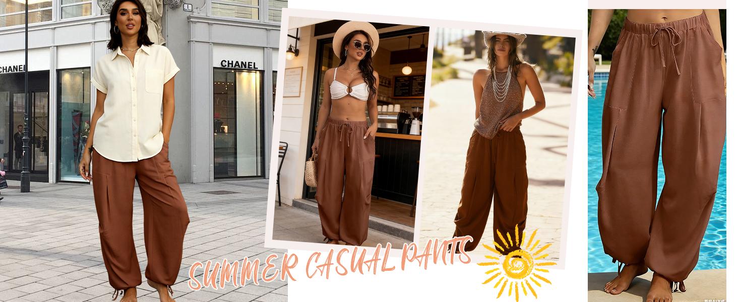 Women's Linen Balloon Barrel Beach Sport Pants Boho Harem Flowy Drawstring Casual Loose Pants with Pockets gym fits baggy Summer Wide Leg Basic Lightweight Bottom Love