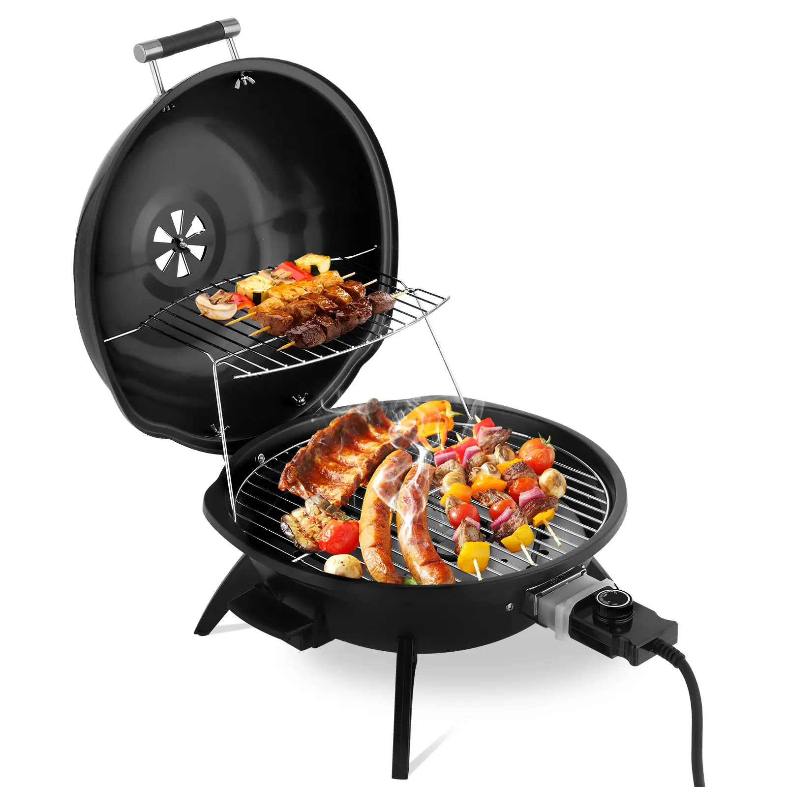 Sturdy Foldable Electric Countertop Grill with Rack, 1600W Double Layer Smokeless Heavy Duty Indoor-Outdoor Grilling Equipment, Portable for Camping Patio (Black), Outdoor Cooking Equipment, Grilling Outdoor Cooking