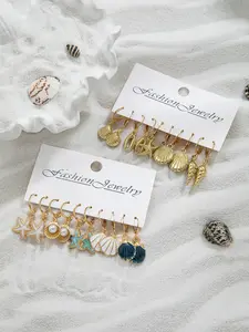 Oceanic Starfish Shell Earrings Set, Beach Style Imitation Pearl Drip Ear Cuffs, Elegant Jewelry for Vacations, Unique Coastal Accessories