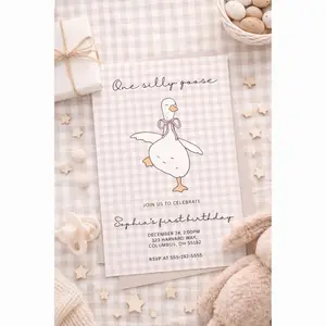 One Silly Goose First Birthday Invitation Pink Gingham Design with Dancing Goose & Pink Bow for Baby Girl Party 5x7 Size with Envelopes