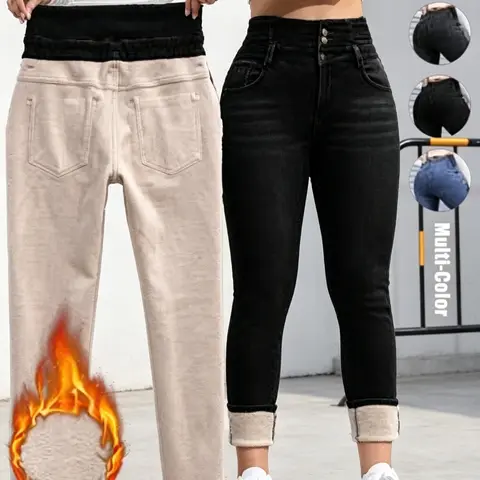 Women's Fleece-Lined High-Waisted Slim-Fit Denim Bottoms - Plus Sizes, European & American Fashion Streetwear, Warmth Boost for Sports & Outdoor Activities