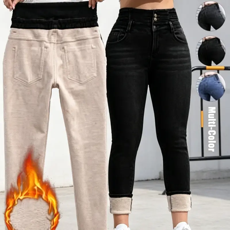 Women's Fleece-Lined High-Waisted Slim-Fit Denim Bottoms - Plus Sizes, European & American Fashion Streetwear, Warmth Boost for Sports & Outdoor Activities