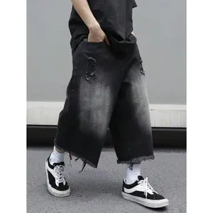 Plus Size Men's Front Button Multi-Pocket Distressed Trim Loose Denim Shorts Baggy Black Jorts, For Husband, Boyfriend Gifts Going Out Hang Out Commute Street Vacation