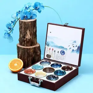 9-Piece Kiln Change Ceramic JianZhan Master Set, 80-110ml KungFu Tasting Cups & Bowls with Gift Box for Home Tea Ceremony
