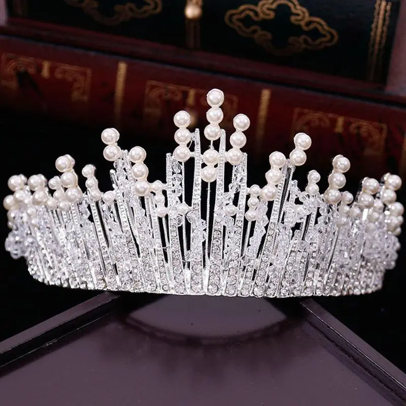 New Vintage Multilayer Luxury Silver color Crystal Pearl Tiara Crown Wedding Hair Accessories Bridal Party Jewelry Big Headbands