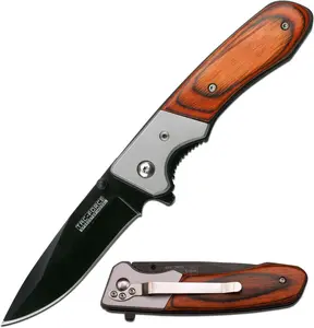 Tac-Force Folding Pocket Knife, Brown Wood Handle with Grey TiNite Coated Stainless Steel Bolster and Pocket Clip.