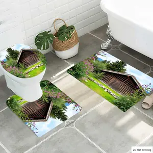 1/3Pcs Rustic style wooden cabin surrounded by flowers and greenery Bathroom Mat Set, Flannel Non Slip Bath Rug, Toilet U-Shape Mat, Toilet Lid Cover, Thickened Soft Absorb Water, Microfiber Surface Memory Foam